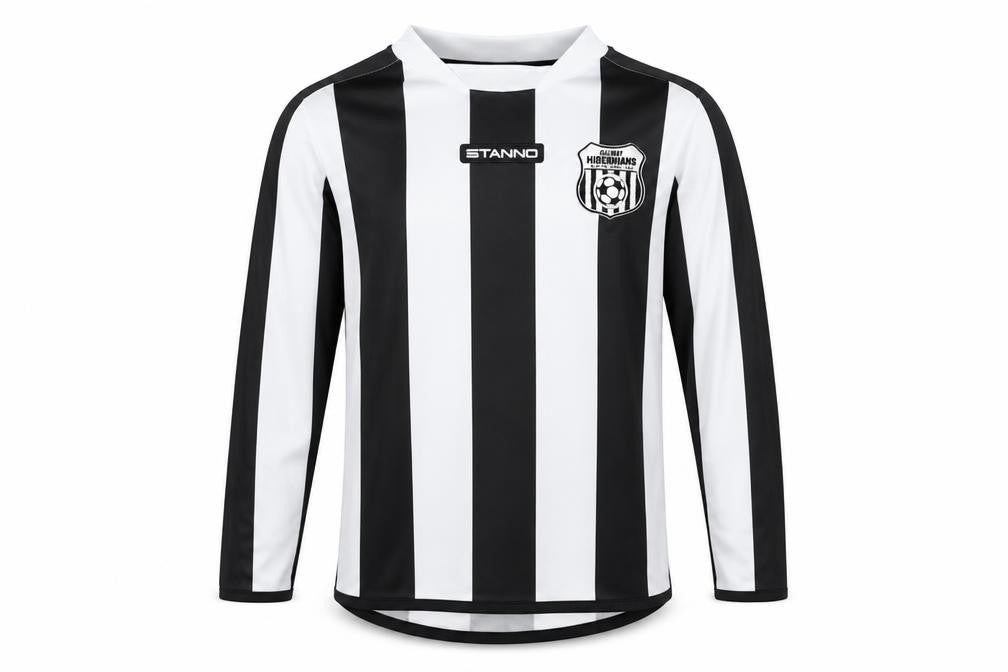 Front view of Stanno boys’ black white long sleeve football jersey shirt, size 12, years