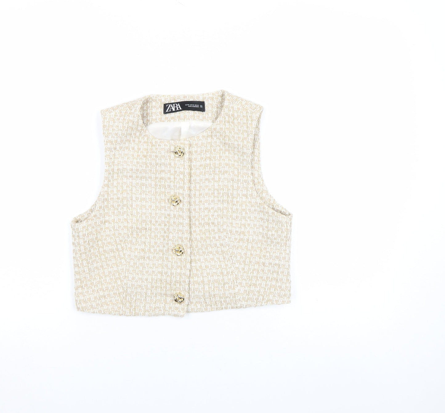 Zara Women Beige Tweed Waistcoat XS Sleeveless Buttoned Vest