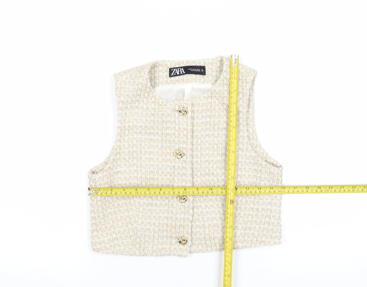 Zara Women Beige Tweed Waistcoat XS Sleeveless Buttoned Vest