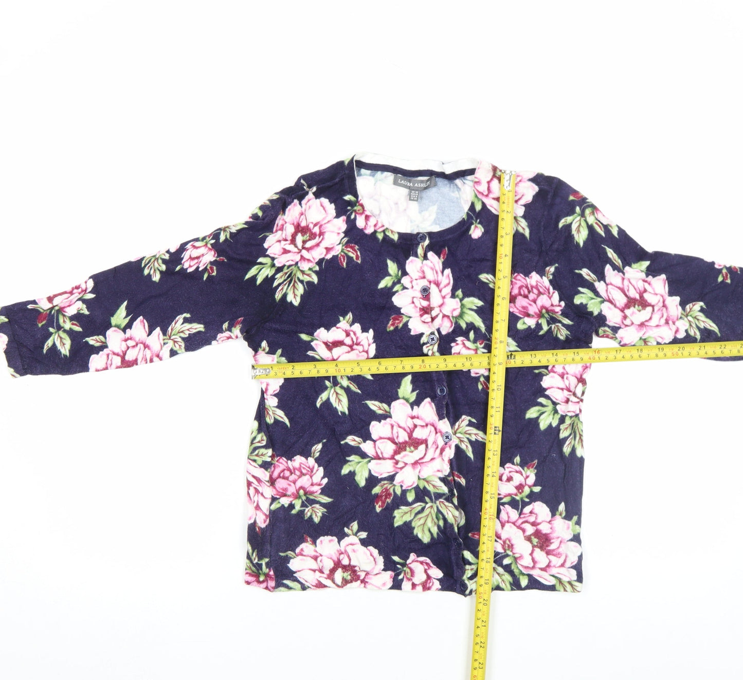 Laura Ashley Women’s Navy Floral Button-Up Top UK 10 Cotton Blend