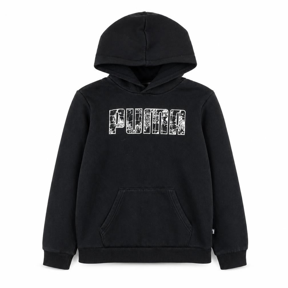 Front view of Puma boys’ black graphic logo pullover hoodie 11-12 years fleece cotton