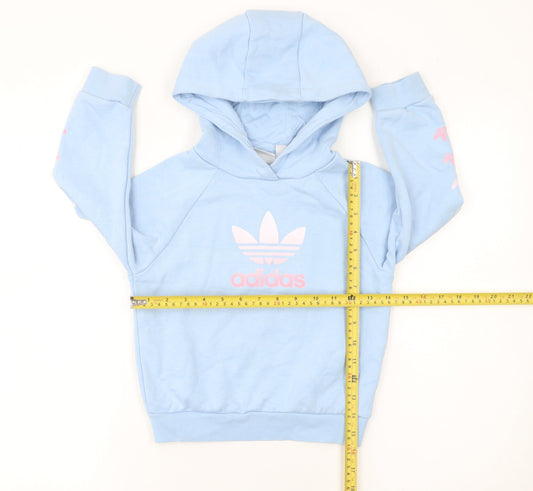 Adidas Girls Blue Pullover Hoodie 3-4 Years Graphic Logo Cotton Blend