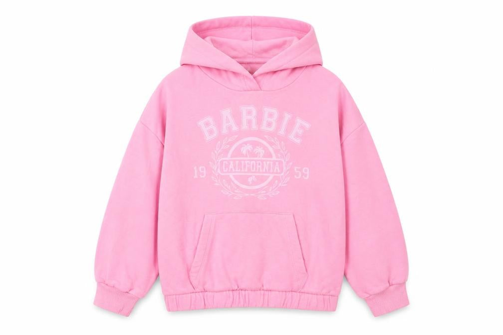 Front view of Marks & Spencer girls’ pink barbie hoodie 7-8 years pullover fleece