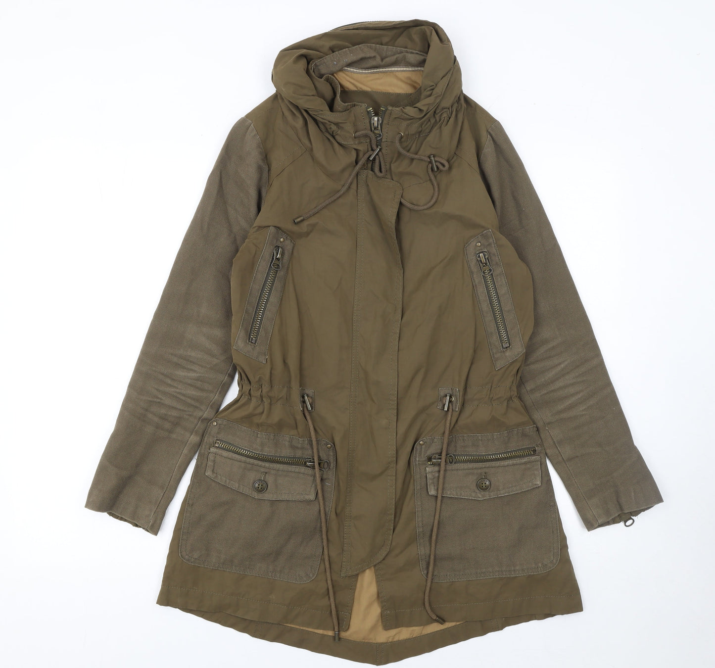 Zara Basic Women’s Green Hooded Parka Jacket XS Long Twill Cotton Blend