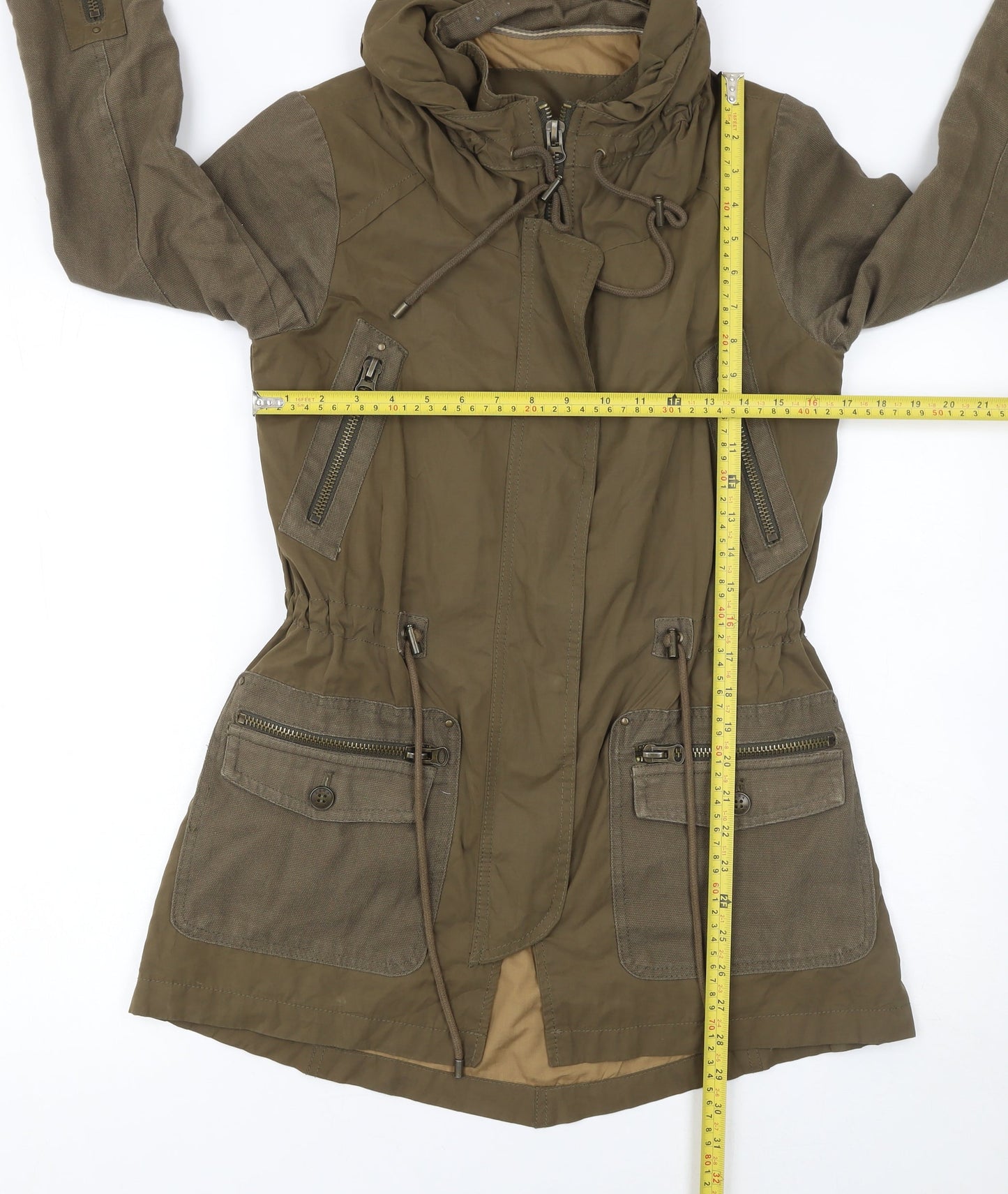 Zara Basic Women’s Green Hooded Parka Jacket XS Long Twill Cotton Blend