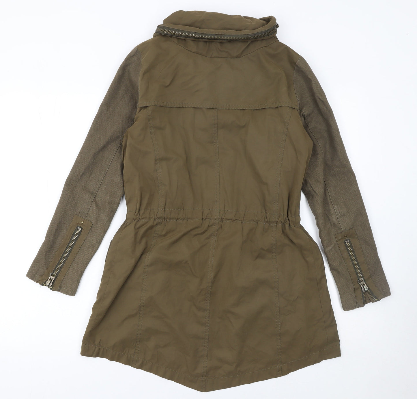 Zara Basic Women’s Green Hooded Parka Jacket XS Long Twill Cotton Blend