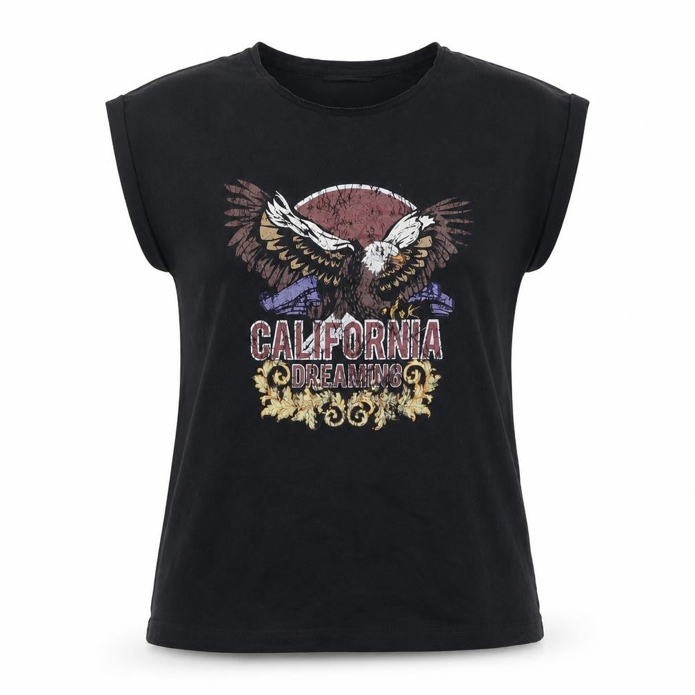 Vero Moda Women's Black California Dreaming Graphic Sleeveless T-Shirt Size XL