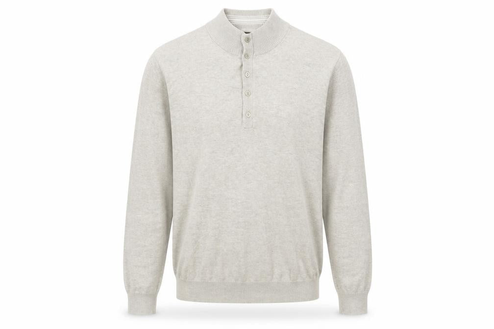 Marks and Spencer Men Beige Medium Henley Mock Neck Cotton Jumper