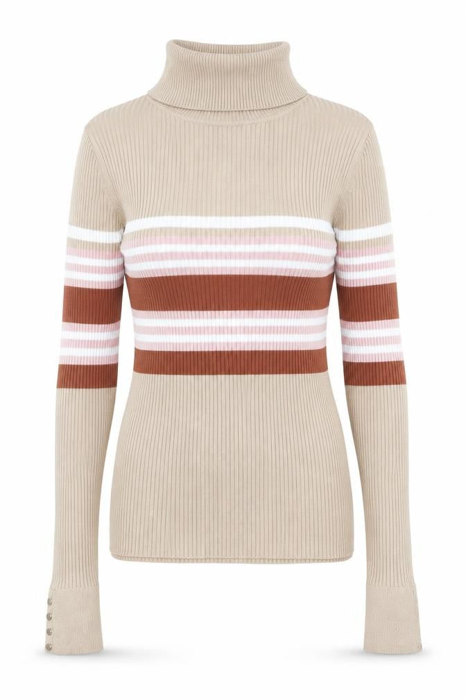 New Look Women Beige Striped Roll Neck Ribbed Jumper UK 14