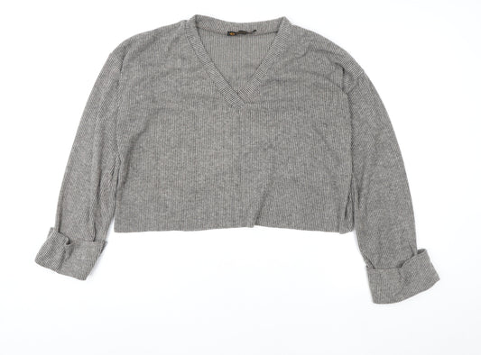 I Saw It First Womens Grey V-Neck Ribbed Pullover Jumper Size 12