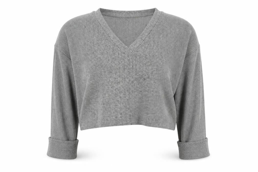 Front view of I Saw It First women’s grey v-neck ribbed jumper, size UK 12