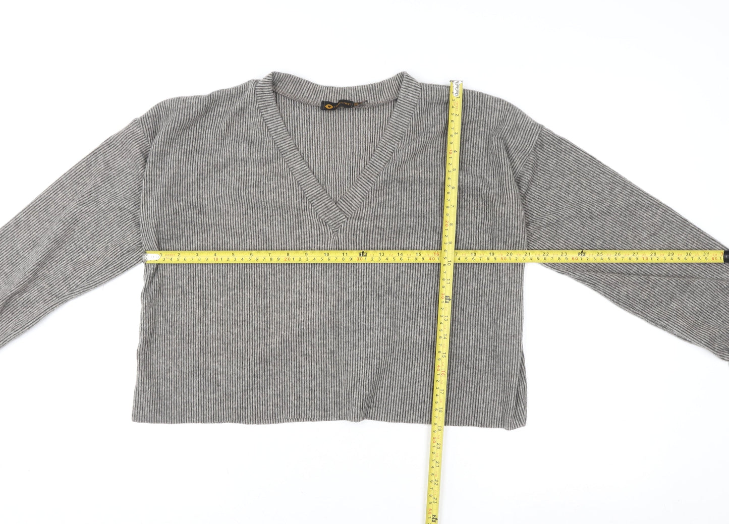 I Saw It First Womens Grey V-Neck Ribbed Pullover Jumper Size 12