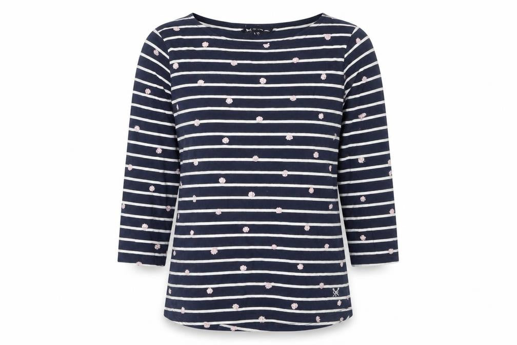 Front view of Crew Clothing Women’s Blue Striped Embroidered 3/4 Sleeve Cotton Top, size UK 10