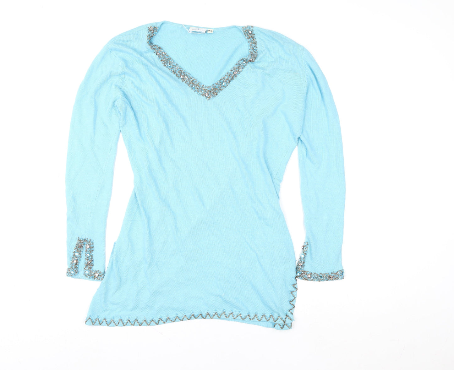 Star Blu Women Blue Beaded V-Neck Tunic Sweater Size M