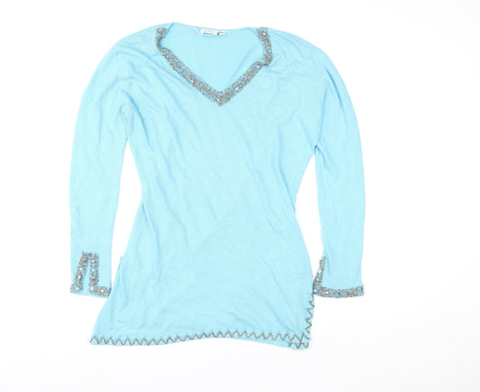 Star Blu Women Blue Beaded V-Neck Tunic Sweater Size M