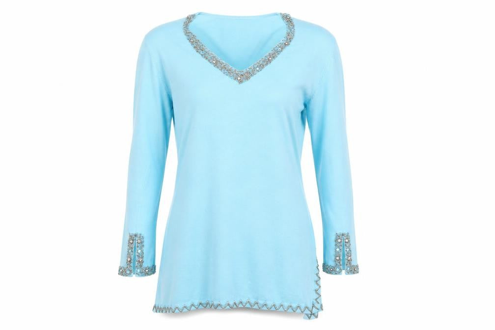 Star Blu Women Blue Beaded V-Neck Tunic Sweater Size M