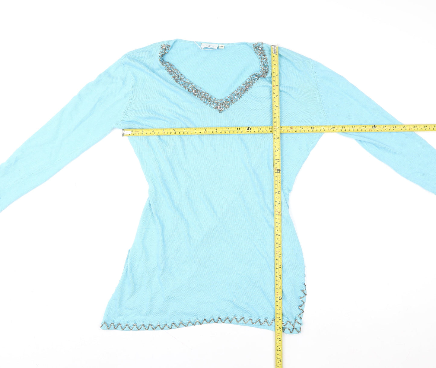 Star Blu Women Blue Beaded V-Neck Tunic Sweater Size M