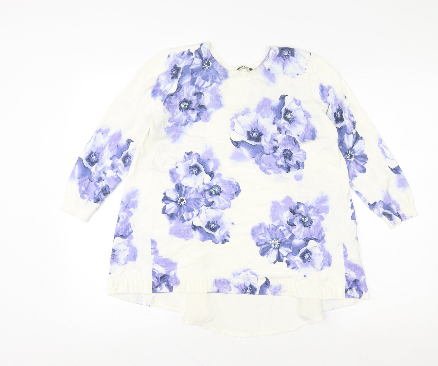 Oasis Women’s White Floral Tunic Blouse Size S Long Sleeve Cotton Blend