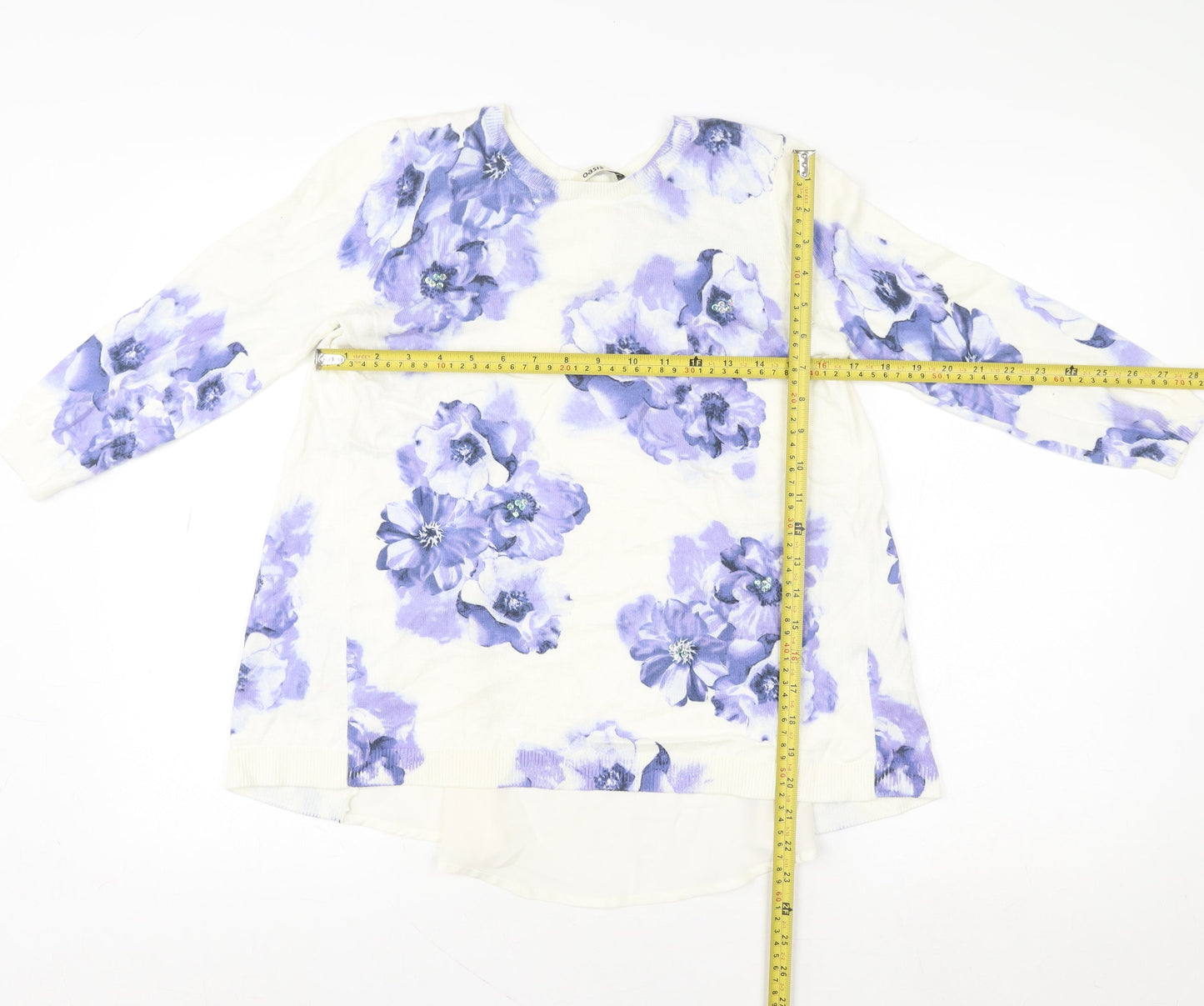 Oasis Women’s White Floral Tunic Blouse Size S Long Sleeve Cotton Blend