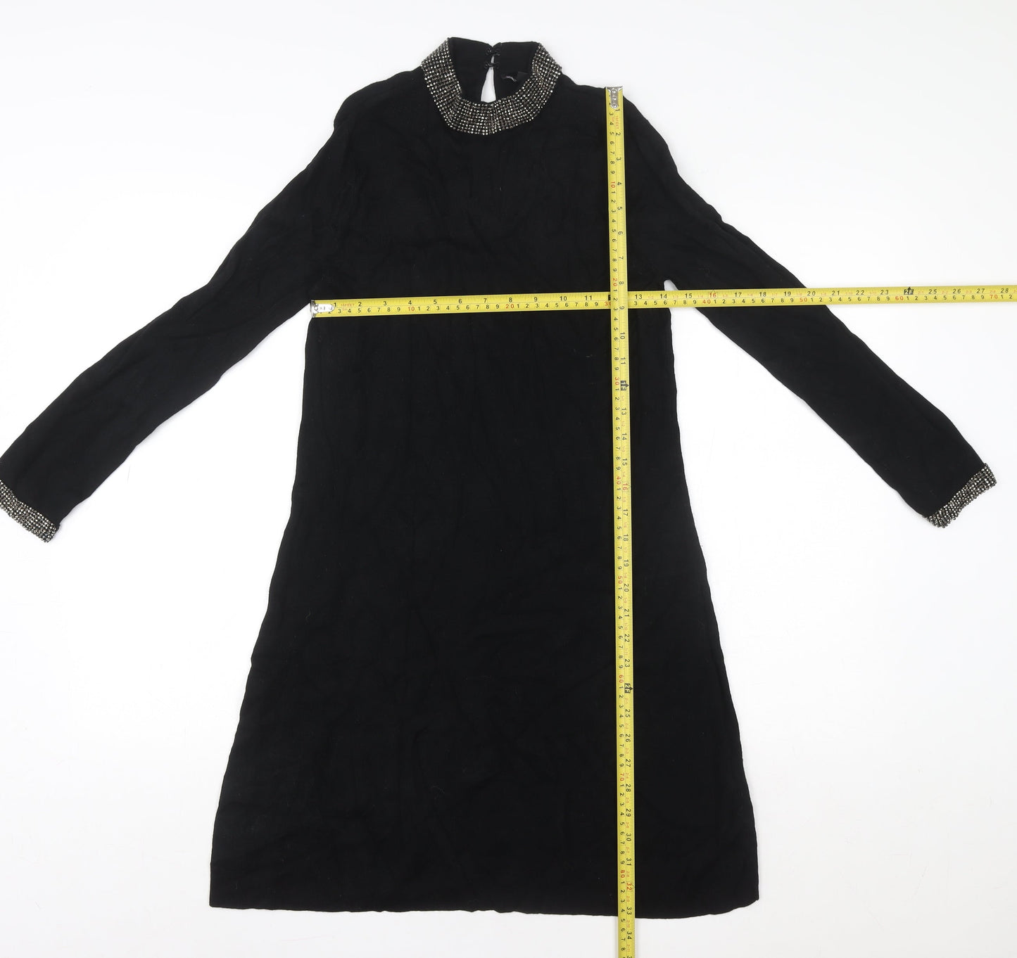 Warehouse Women's Black Beaded High Neck Shift Dress Size 10