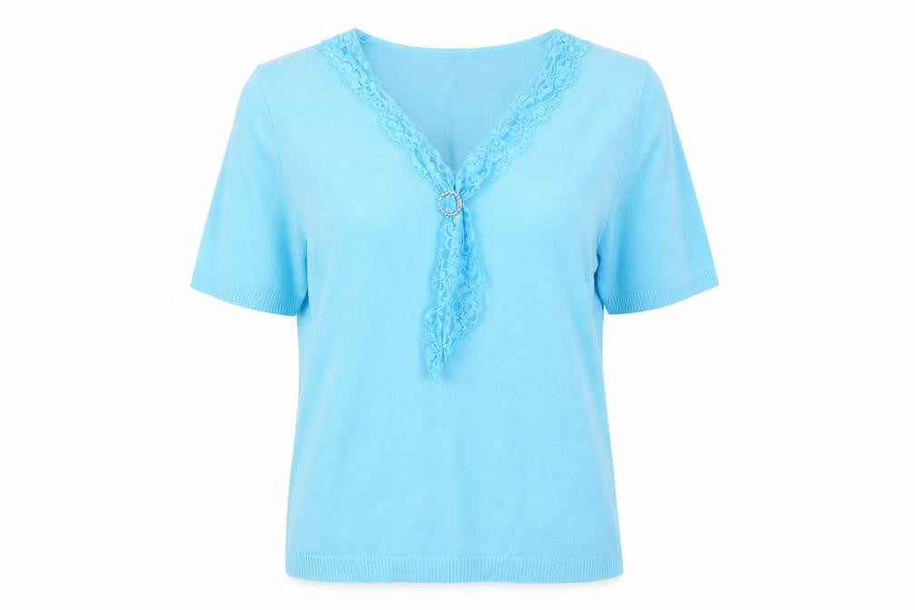 One Touch Women Blue Lace V-Neck Knit Blouse XL