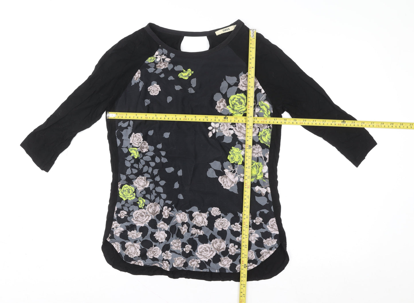 Oasis Women's Black Floral Tunic Blouse M 3/4 Sleeve