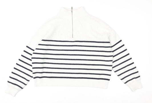 MNG Women White Striped 1/2 Zip Mock Neck Pullover Sweater Size S