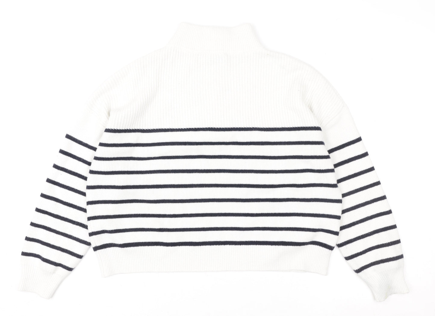 MNG Women White Striped 1/2 Zip Mock Neck Pullover Sweater Size S