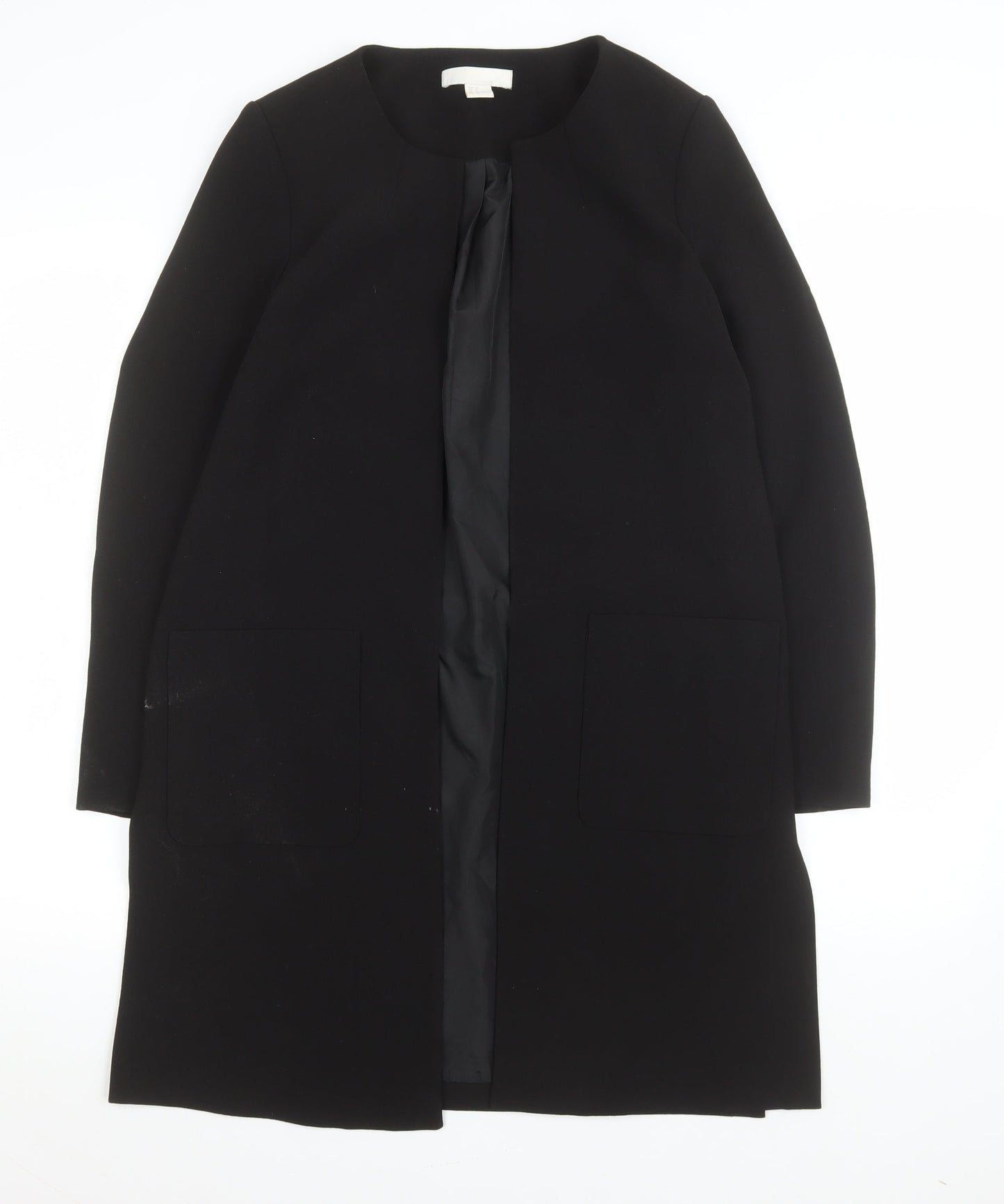 H&M Womens Black Long Overcoat Size 8 Regular Fit Lined Classic Style