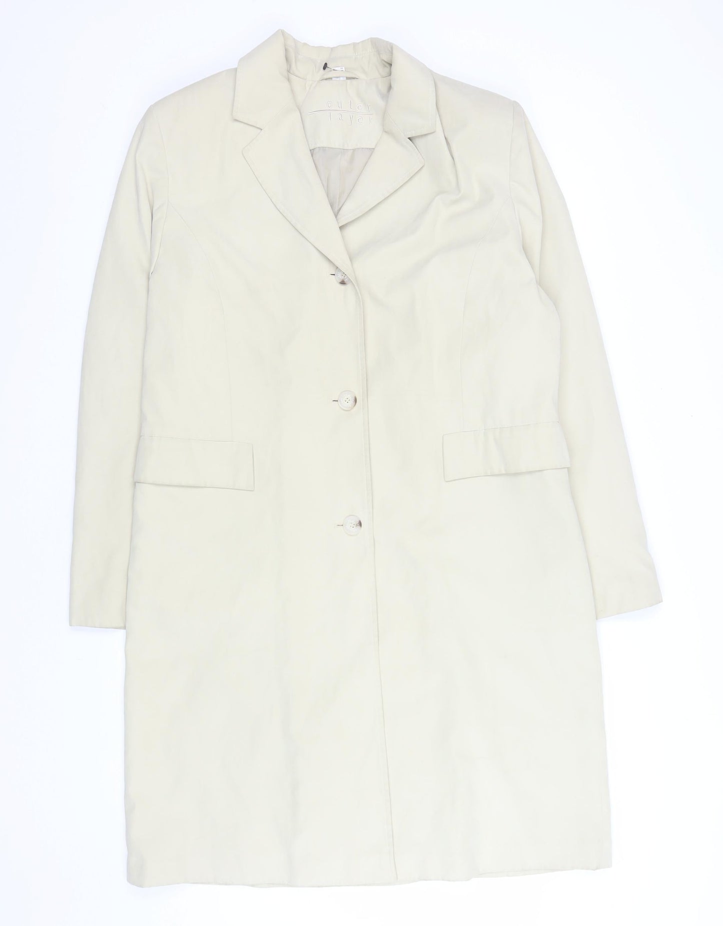 Outer Layer Women’s Beige Long Overcoat Size 16 Twill Single-Breasted