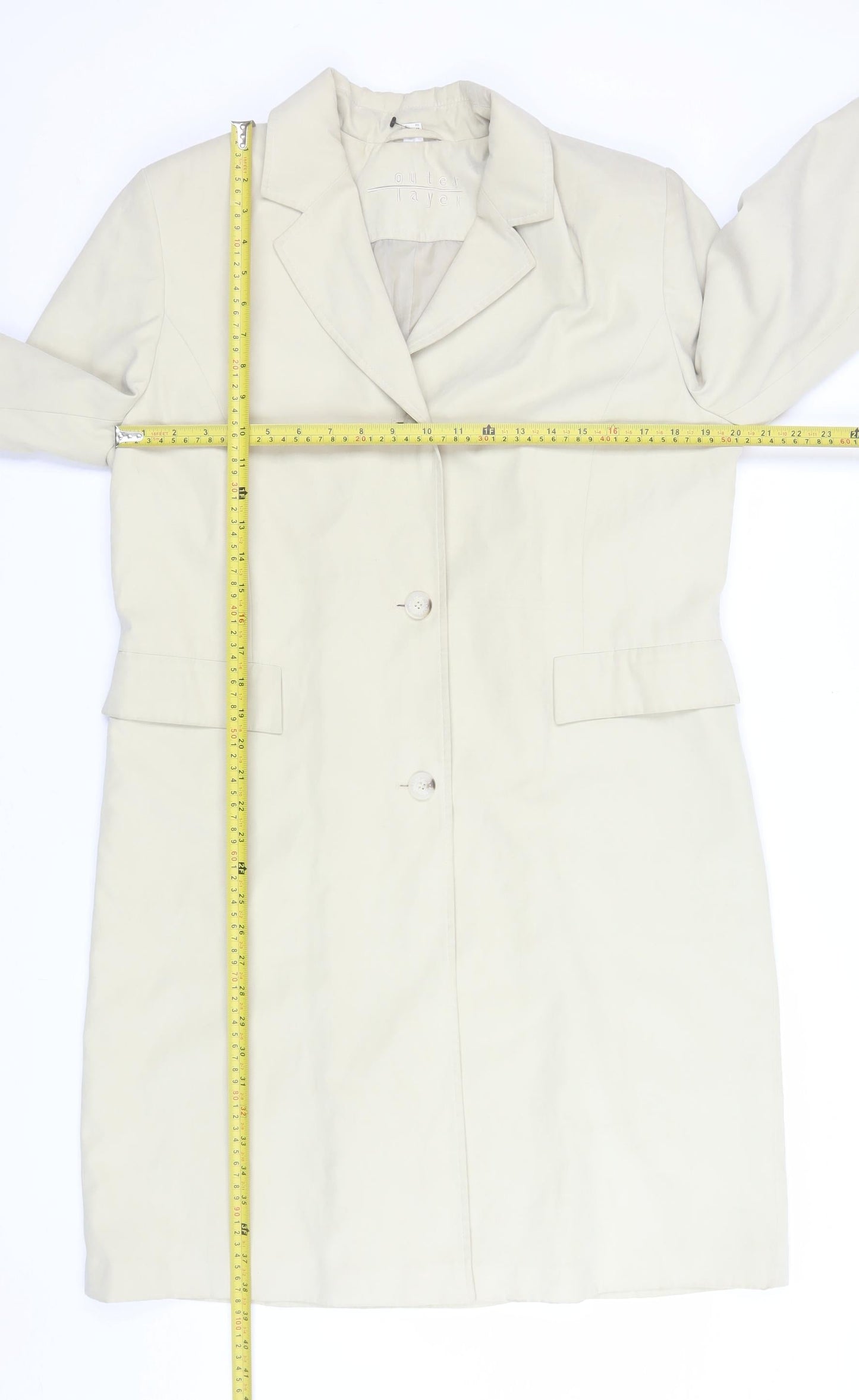 Outer Layer Women’s Beige Long Overcoat Size 16 Twill Single-Breasted