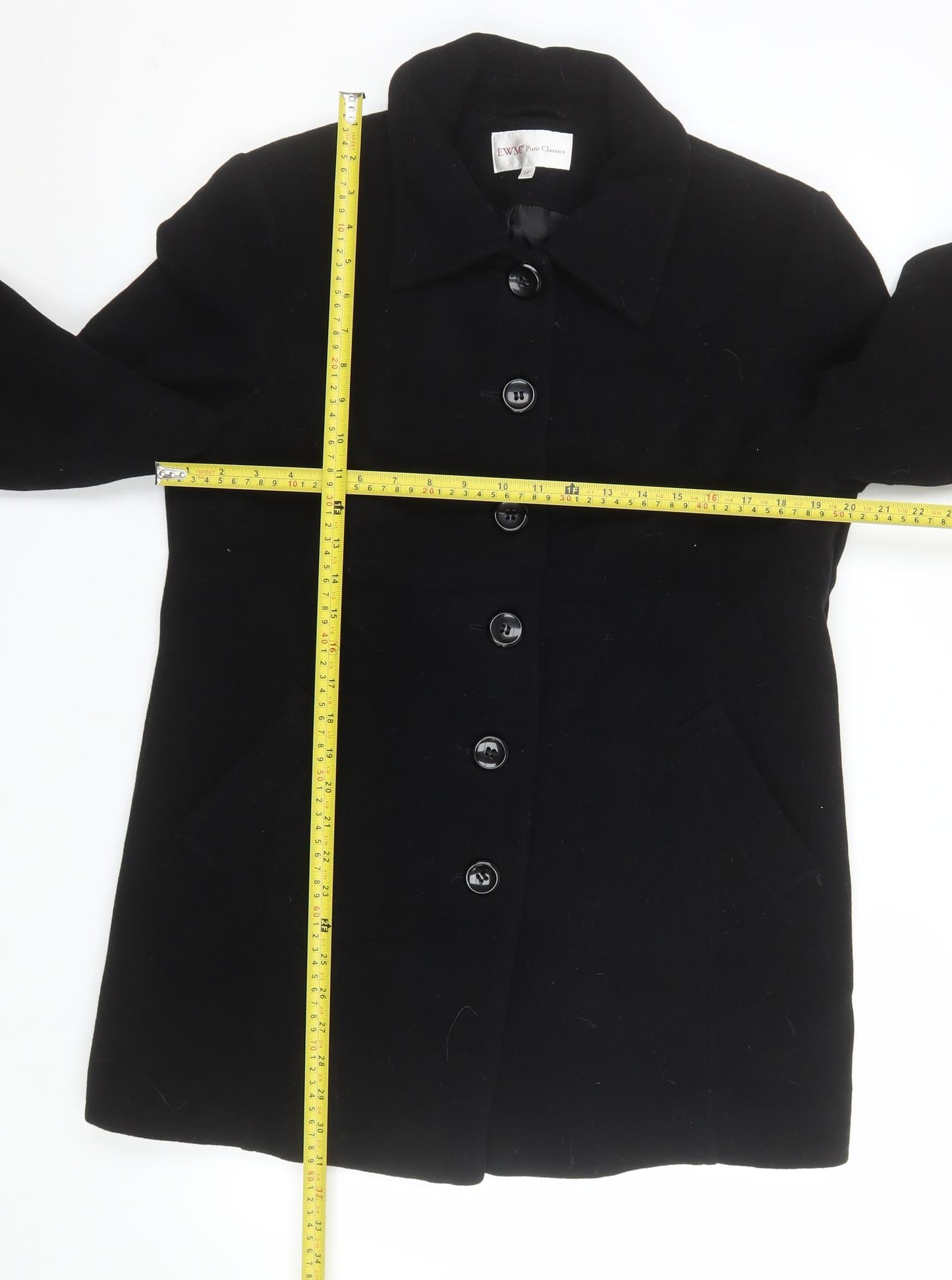 EWM Pure Classics Women's Black Wool Blend Mid-Length Coat Size 14