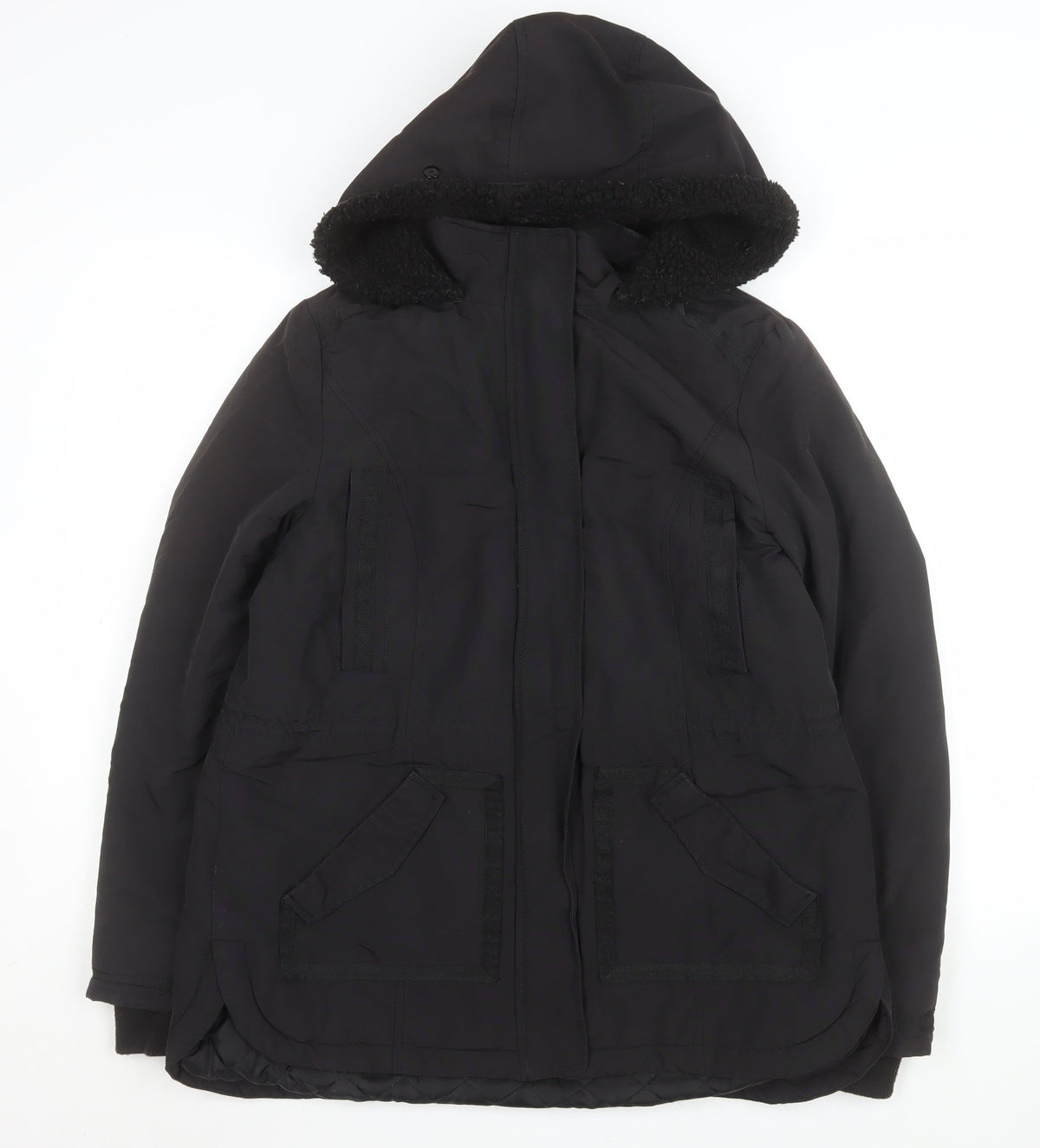 Monsoon Women's Black Hooded Parka Coat Size 42 Lined Winter Jacket