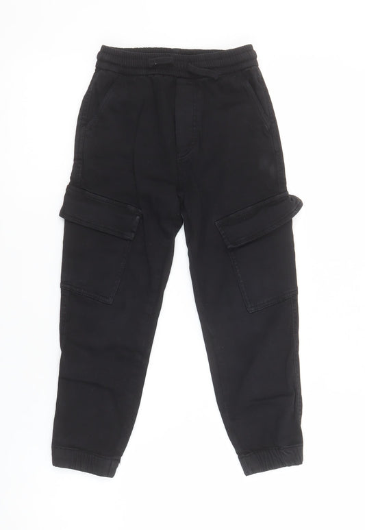 Zara Boys Black Cargo Trousers 7 Years Elastic Waist Cotton Twill