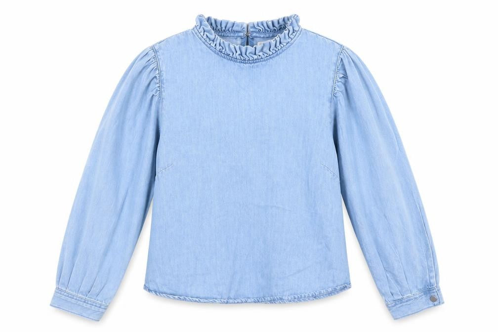 Front view of Denim Co. girls’ blue cotton ruffle high neck long sleeve blouse, size 12, years