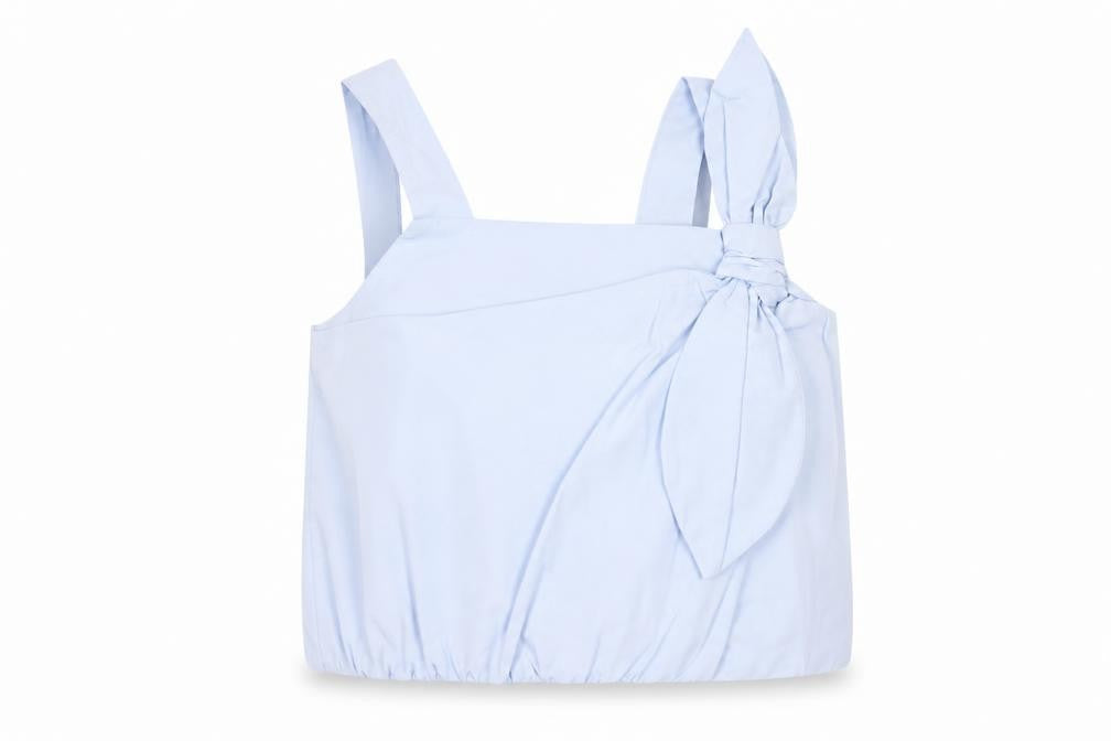 Front view of Zara girls’ blue cotton cropped tank top 13-14 years with bow detail