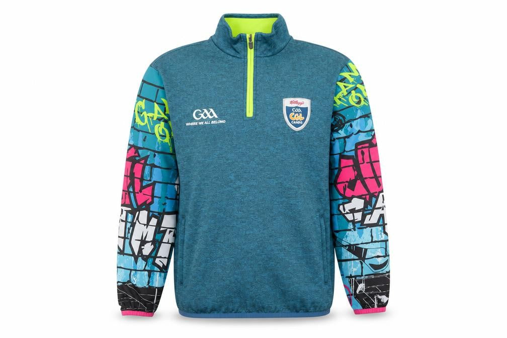 Front view of Masita boys’ blue graphic 1/4 zip pullover sweatshirt, size 4, years