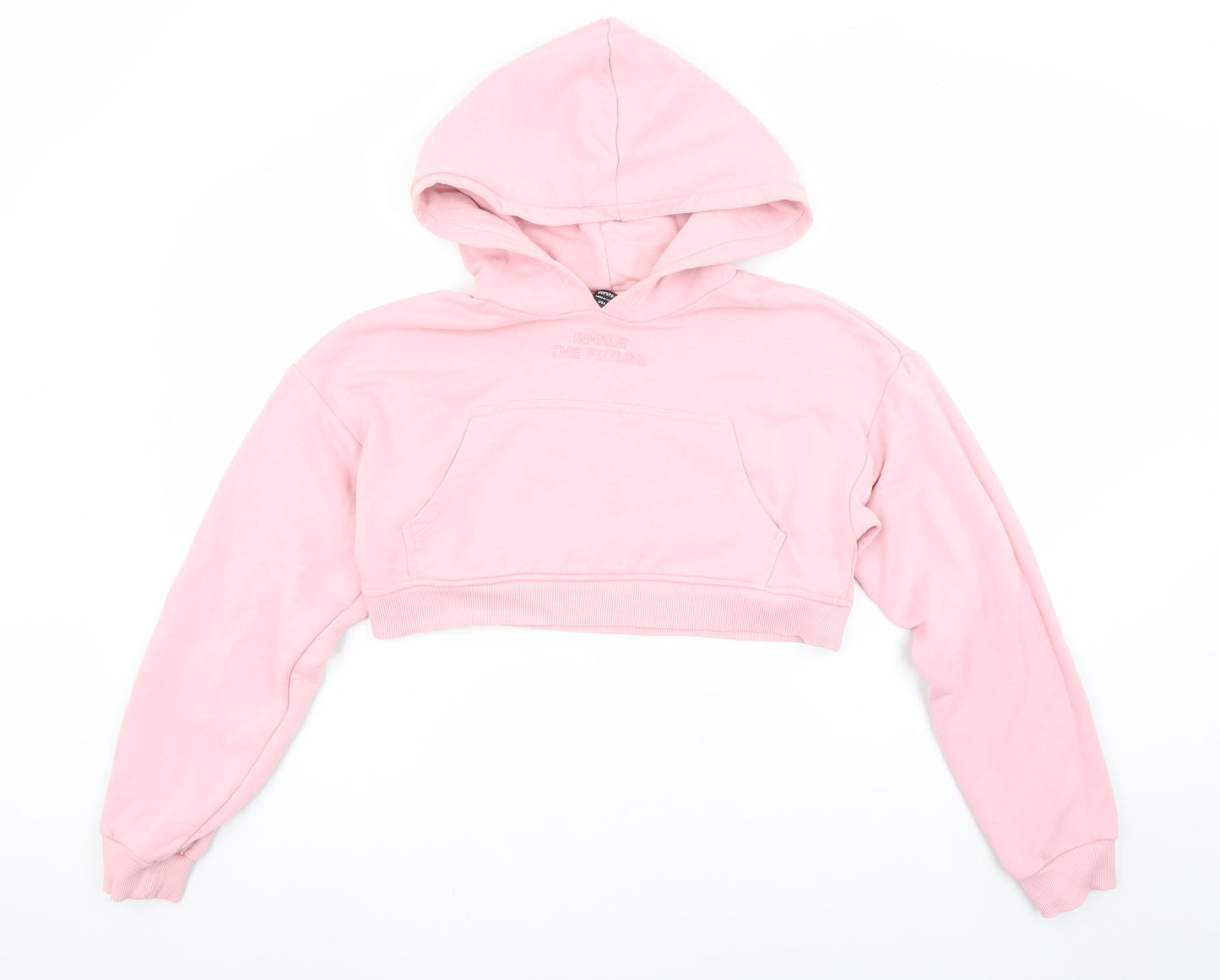 Bershka Women's Pink Cropped Pullover Hoodie Size L