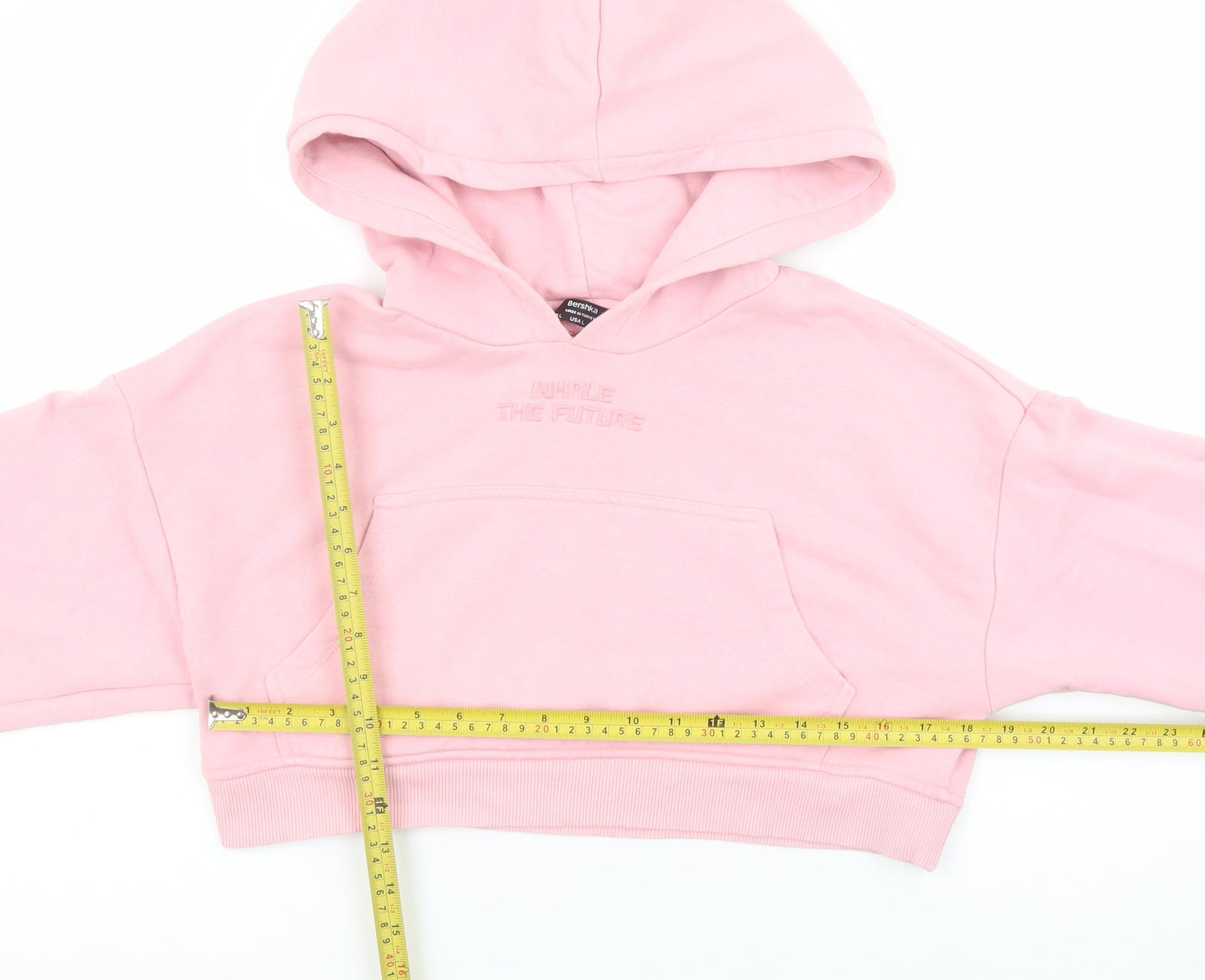 Bershka Women's Pink Cropped Pullover Hoodie Size L