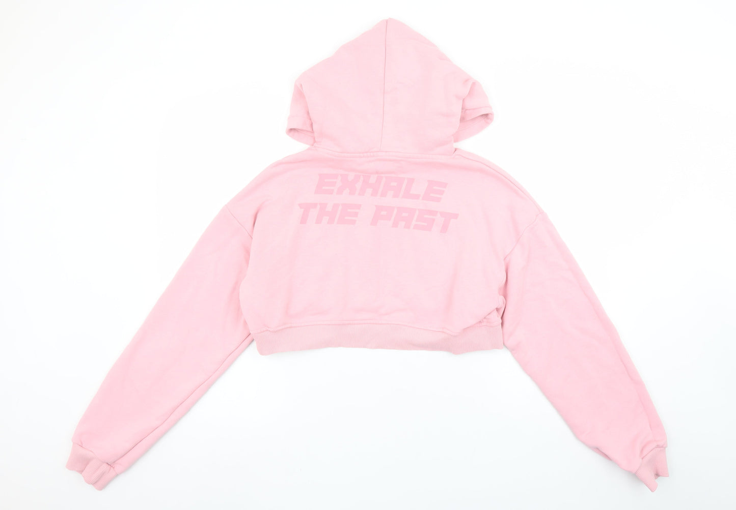 Bershka Women's Pink Cropped Pullover Hoodie Size L