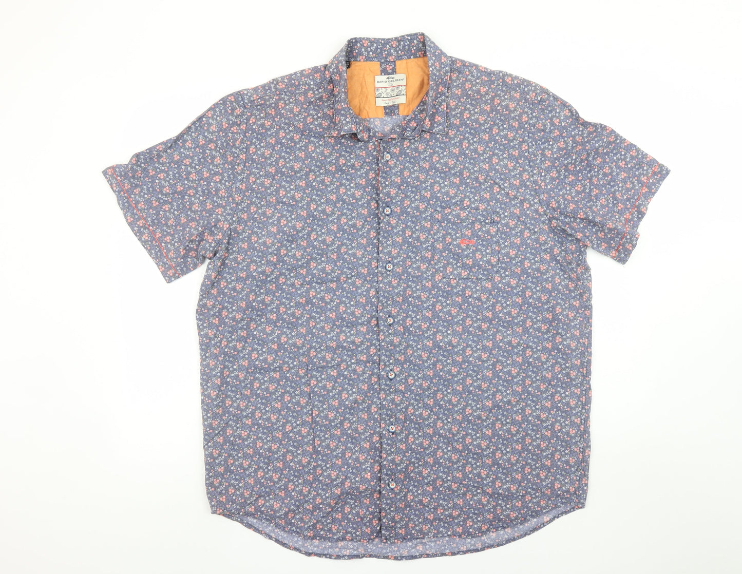 Dario Beltran Men Blue Floral Short Sleeve Cotton Button-Up Shirt 2XL