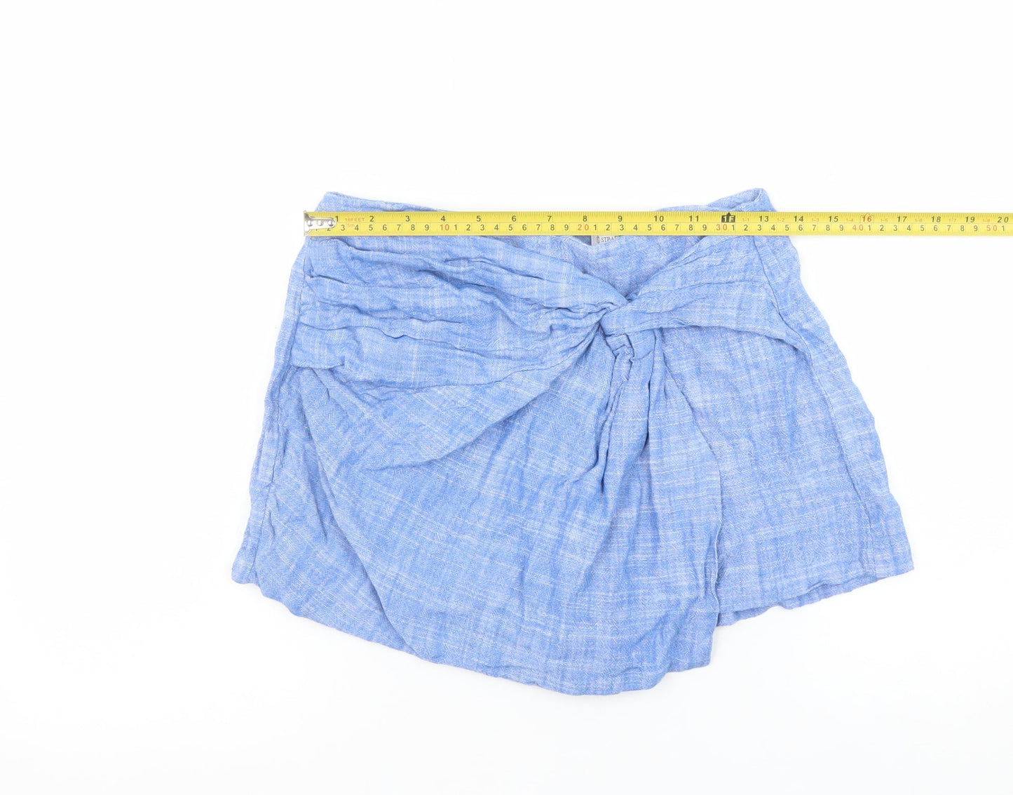 Stradivarius Women Blue Linen Blend Wrap Shorts Size 10
