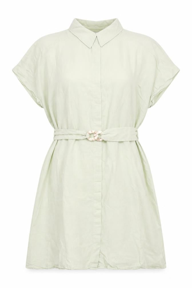Zara Women Green Short Sleeve Shirt Dress Size 12 Linen Blend