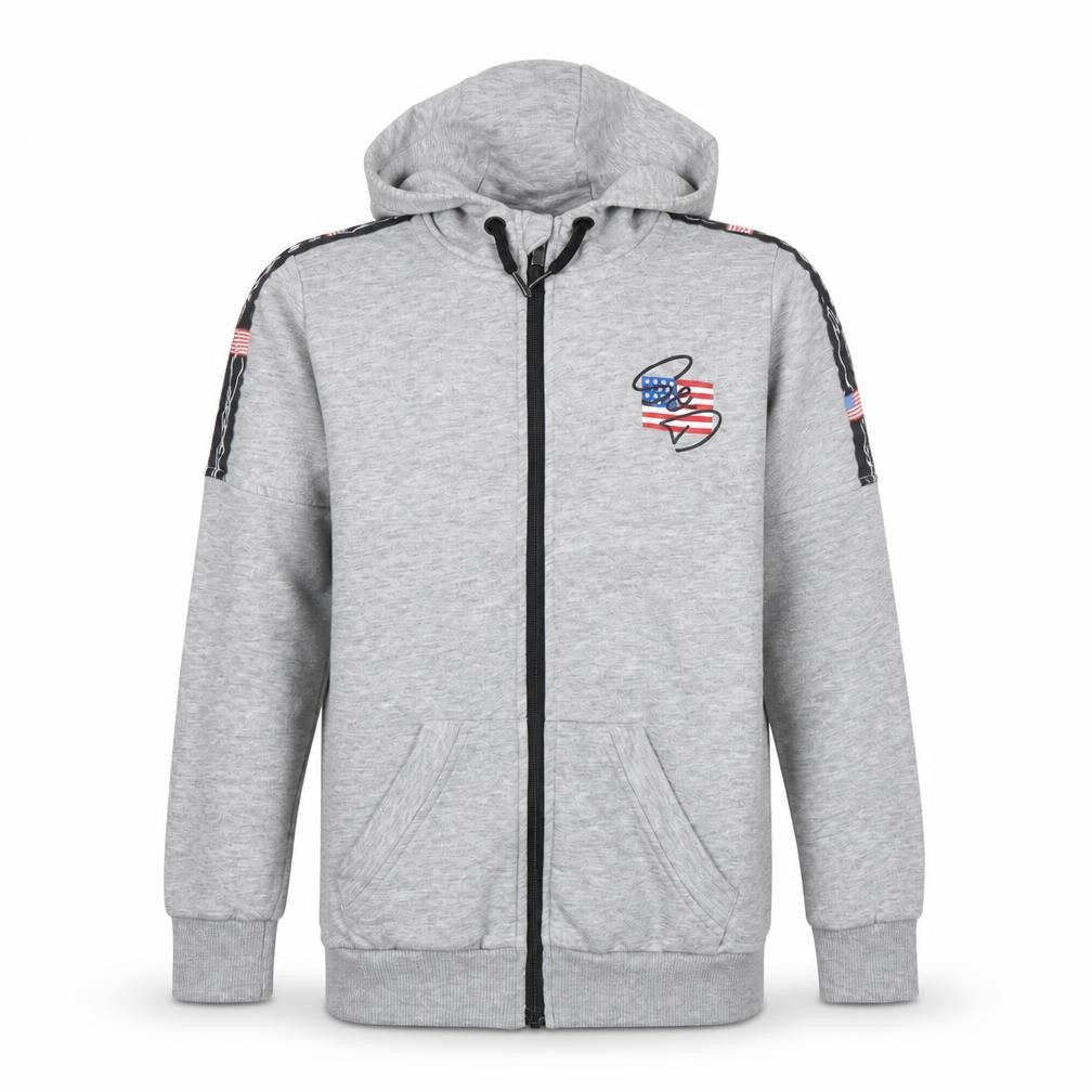 Front view of Supply & Demand boys’ grey full zip hoodie 10-12 years american flag design