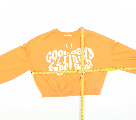 H&M Women Orange Graphic Crop Sweatshirt Size M Cotton Blend