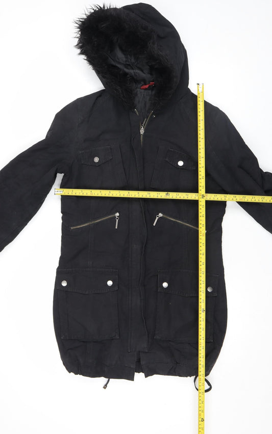John Lewis Womens Black Hooded Parka Coat Size 12 Long Sleeve Lined