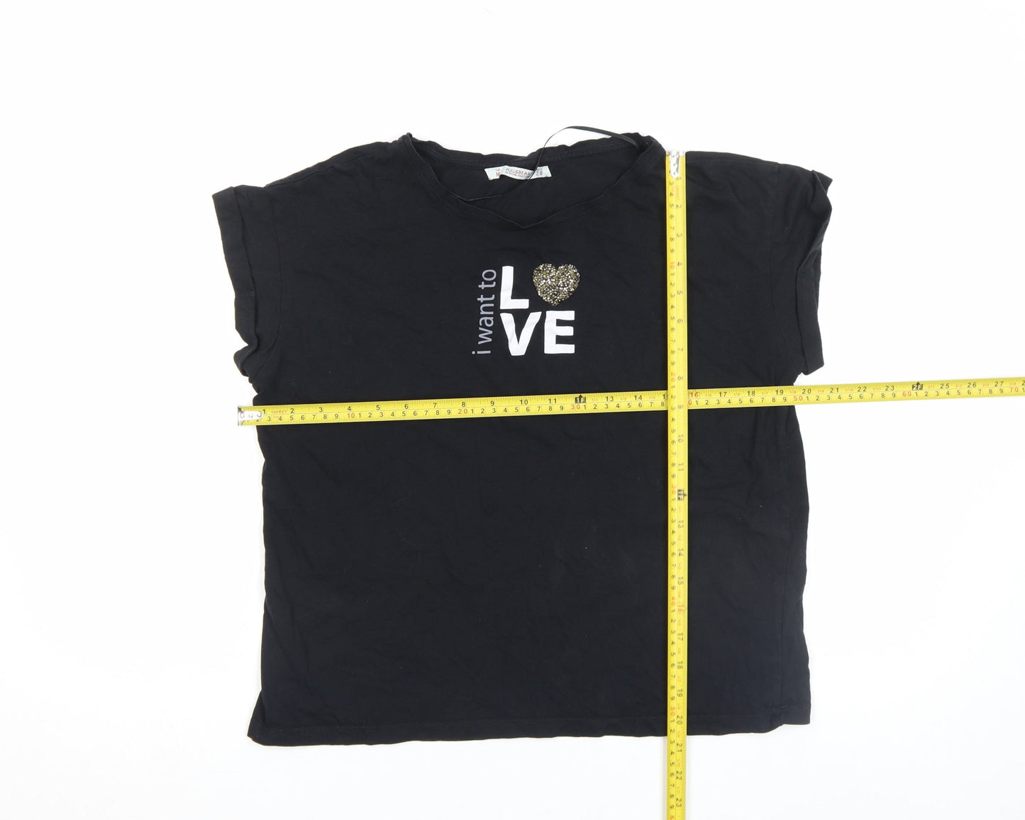 Pull&Bear Women's Black Sequin Love Print Short Sleeve T-Shirt Size M