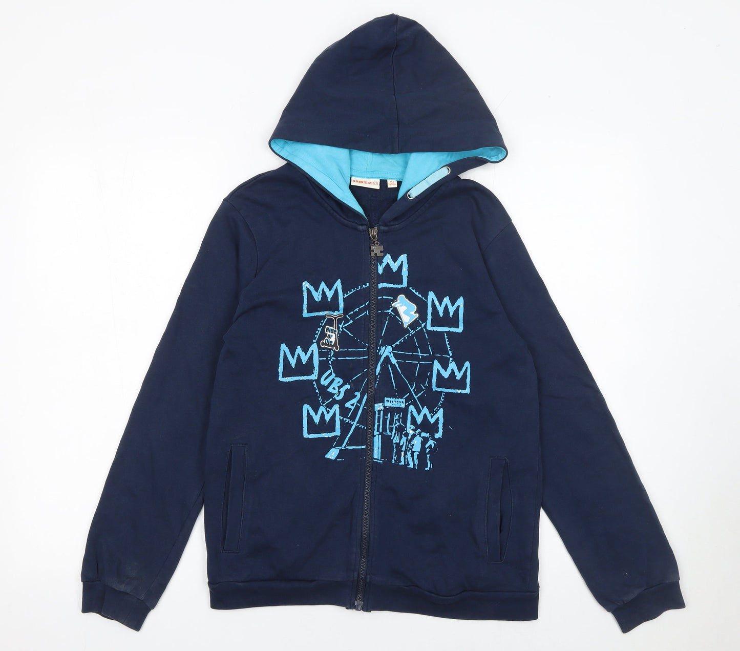 UBS2 Boys Blue Full Zip Graphic Hoodie 14 Years 164cm Cotton Casual
