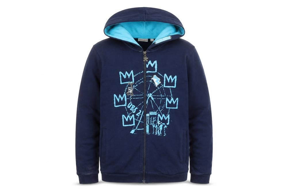 Front view of UBS2 boys’ blue full zip graphic hoodie 14 years 164cm cotton casual