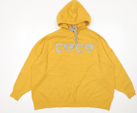 Enzoria Women Mustard Yellow Hooded Pullover Glitter COCO Sweatshirt One Size